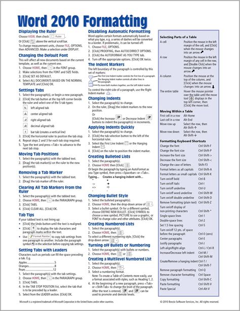 Microsoft Excel 2010 Introduction Quick Reference Guide Cheat Sheet Of