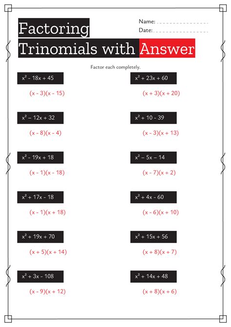 Algebra 1 Factoring Trinomials Worksheet