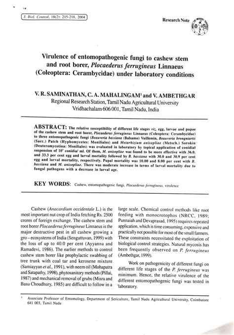 Pdf Virulence Of Entomopathogenic Fungi To Cashew Stem And Root Borer