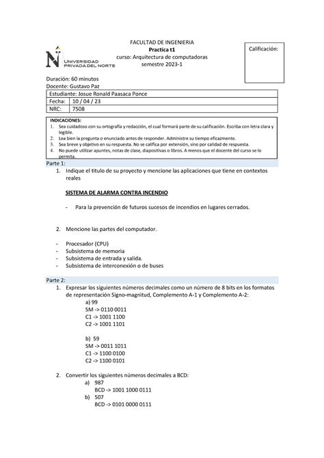 Evaluación T1 El examen FACULTAD DE INGENIERIA Practica t curso