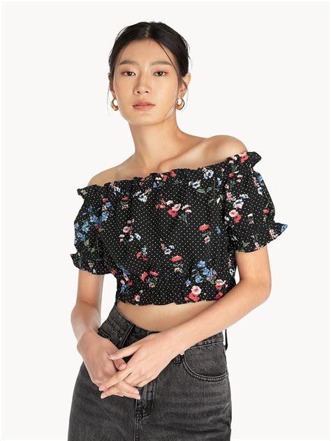 Ruched Off Shoulder Crop Top Black Pomelo Fashion