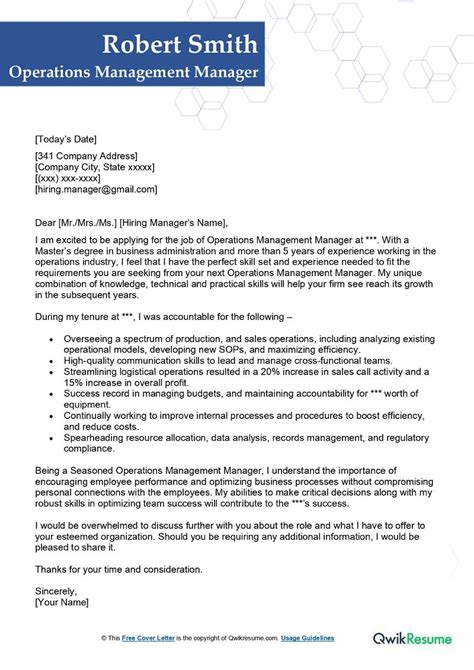 Operations Management Manager Cover Letter Examples Qwikresume