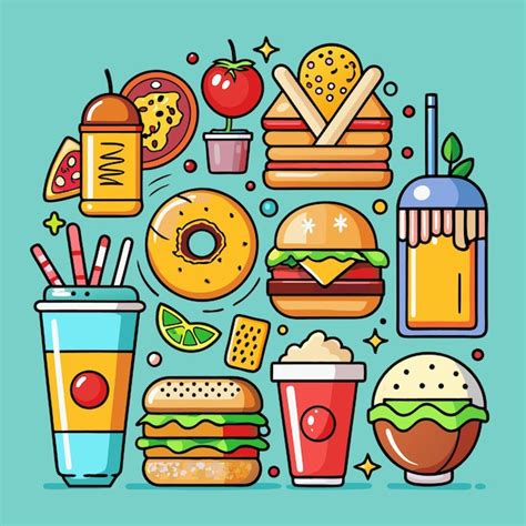 A Collection Of Fast Food And Drinks Including Burgers Donuts Pizza And