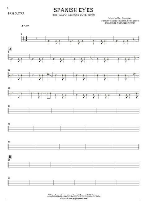 Spanish Eyes - Tablature (rhythm. values) for bass guitar | PlayYourNotes