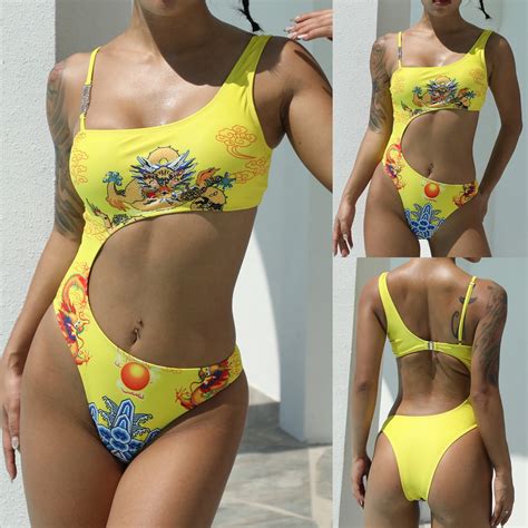 Tejiojio Summer Bikini For Women Women Conjoined Chinese Dragon Printing Brazilian Swimwear Set