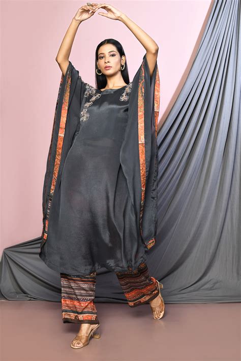 Buy Black Satin Embroidery Cutdana Boat Neck Floral Kurta And Pant Set