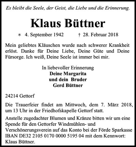 Traueranzeigen von Klaus Büttner trauer anzeigen de