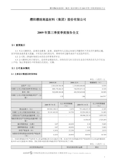 濮耐股份：2009年第三季度报告