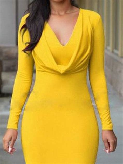 V Neck Plain Tight Elegant Long Sleeve Dress Stylewe