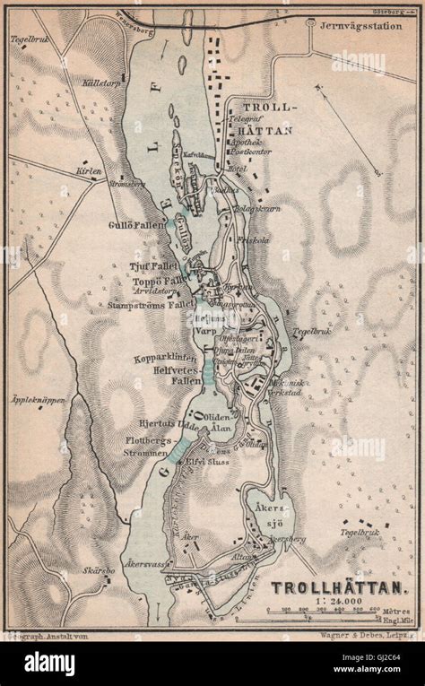 TROLLHATTAN FALLS. Trollhättan. Topo-map. Sweden karta. BAEDEKER, 1885 ...