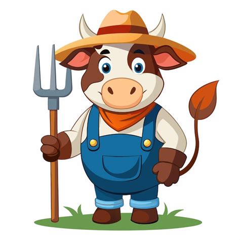 Premium Vector Cartoon Cow Farmer Holding Pitchfork