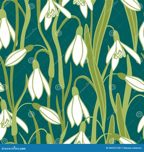 Hand Drawn Seamless Pattern Of Green Snowdrop Galanthus Flower With