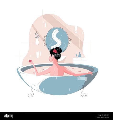 Beautiful Woman Taking A Bath With Rose Petals Vector Illustration The