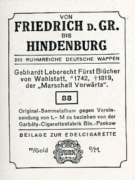 Sammelbild Ruhmreiche Deutsche Wappen Nr 88 Gebhardt Lebrecht Fürst