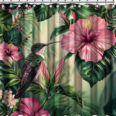 Tropical Rainforest Pink And Green Floral Hummingbird Shower Curtain