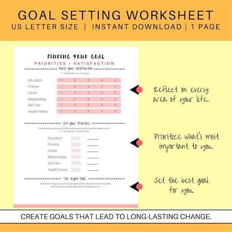 Goal Setting Worksheet: Set Goals Achievement Planner Self Help Worksheet Goals Printable Goals ...