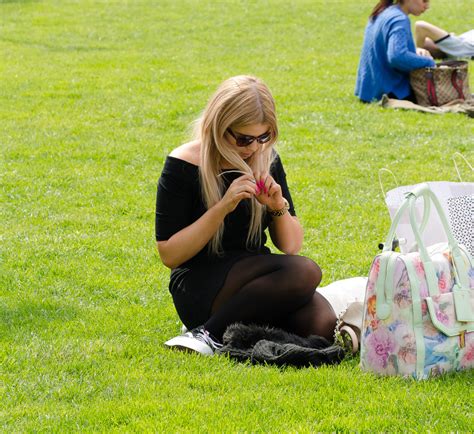 Hot Blonde In Short Dress And Black Semi Opaque Pantyhose Caught In A Park Woman In Pantyhose