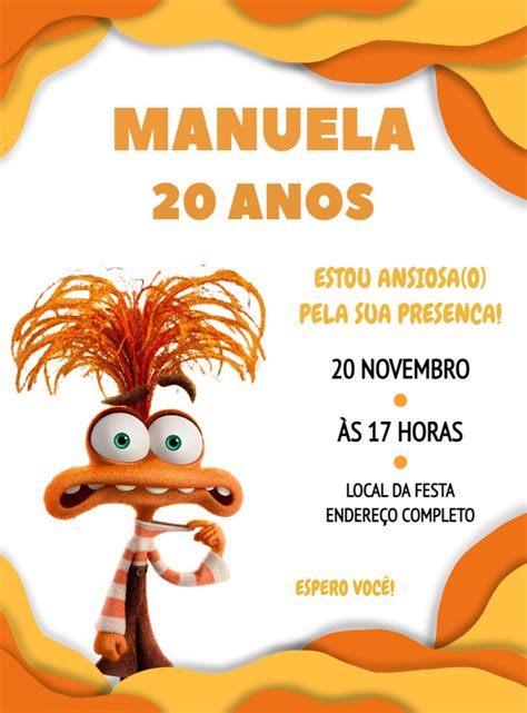 Convite aniversário Divertidamente 2 Ansiedade Edite grátis nosso