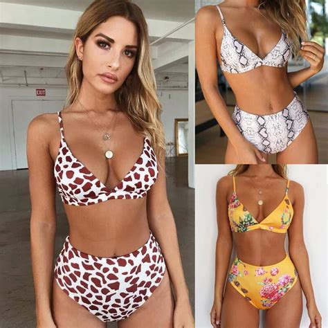 Conjunto De Bikini De Leopardo Con Relleno Push Up De Talle Alto Para