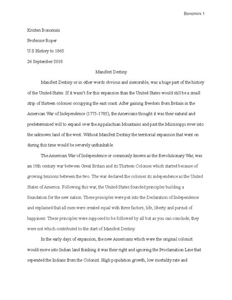 Manifest Destiny Essay Kristen Bonomini Professor Roper U History To