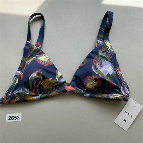 RVCA Swim Rvca Swim Bikini Top Pixie Hi Triangle Blue Floral Medium New Padded Adjustable