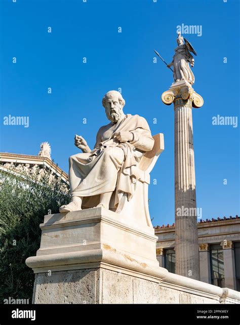 Academy Of Athens Plato Statue And Athena Column Stock Photo Alamy