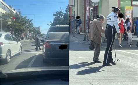 Policía ayuda a abuelito a cruzar una calle en Culiacán