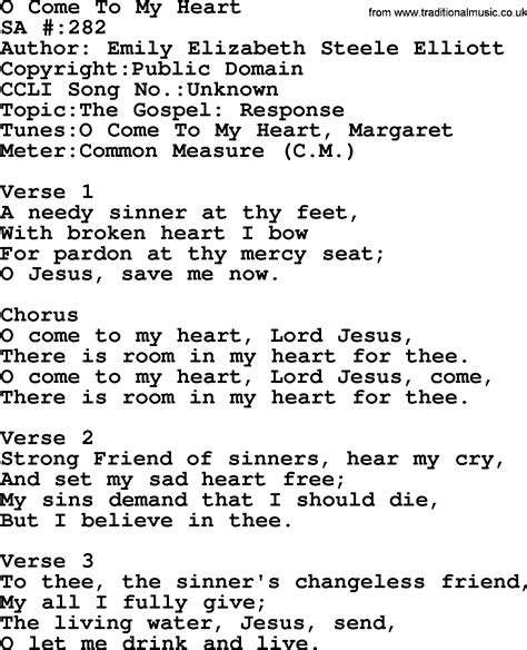 Salvation Army Hymnal Song O Come To My Heart With Lyrics And PDF