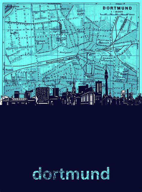 Dortmund Skyline Map Turquoise Digital Art by Bekim M - Fine Art America