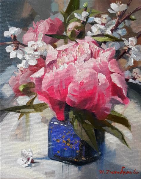 Peonies Oil Painting Canvas Original, Floral Art Painting, Cherry Blossom Flower Hand Painted ...