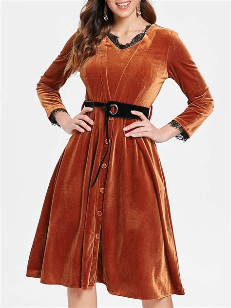 Robe à Demi Bouton à Manches Longues En Velours En BROWN Rosegal