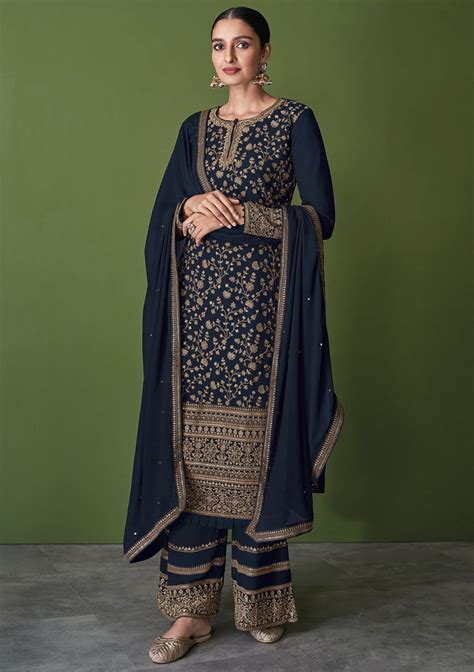 Navy Blue Straight Cut Palazzo Suit Salwar Kameez Designer Collection