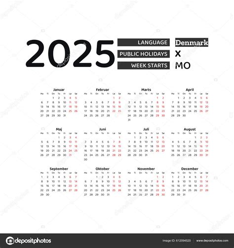 Denmark Calendar 2025 Week Starts Monday Vector Graphic Design Danish