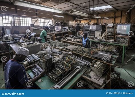 Electronic Recycling Center With Workers Dismantling And Sorting E