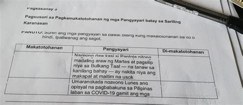 Pagsasanay Pagsusuri Sa Pagkamakatotohanan Ng Mga Pangyayari Batay Sa