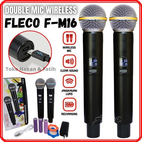 Jual Fleco F M16 Wireless Microphone Rechargeable UHF Dual Karaoke Mic