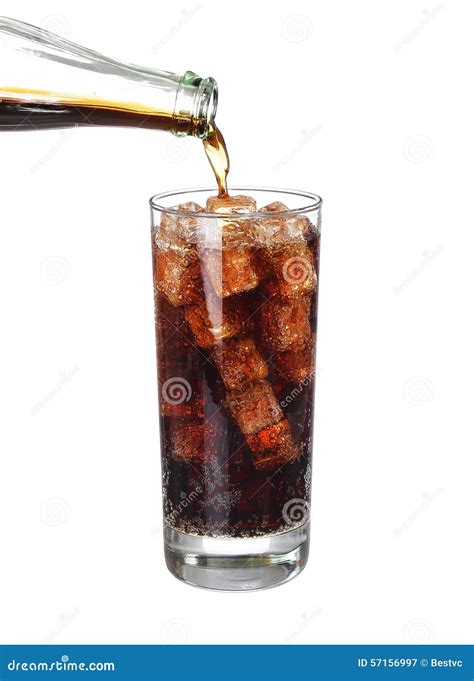 Bottle Pouring Coke In Drink Glass With Ice Cubes Isolated Stock Image