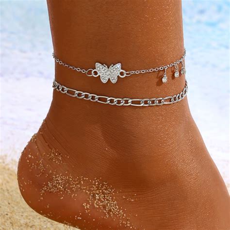 Silvery White Butterfly Rhinestone Anklet Set Modlily USD 5 98