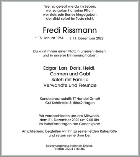 Traueranzeigen Von Fredi Rissmann Trauer In NRW De