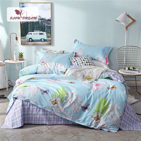 Slowdream Flowers And Butterflies Blue Bedding Set Light Luxury Elegant Duvet Cover Active