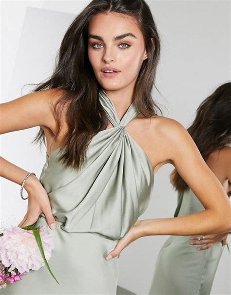 Asos Edition Satin Ruched Halter Neck Maxi Dress In Sage Green