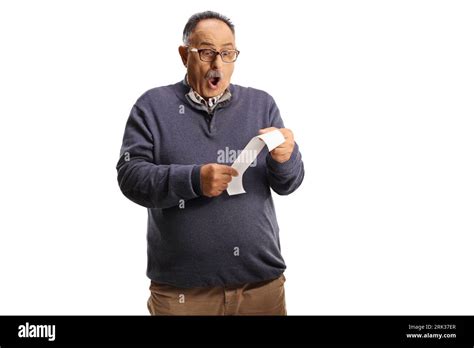 Shocked Mature Man Looking At A Bill Isolated On White Background Stock