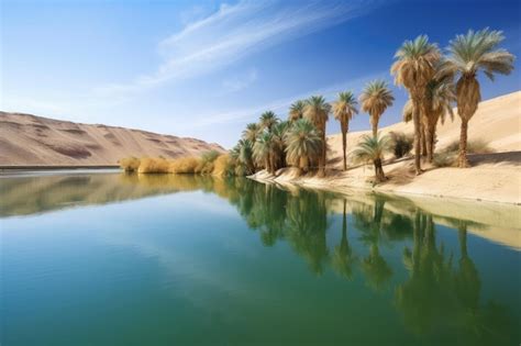 Premium Ai Image Desert Mirage Of Beautiful Oasis With Palm Trees And