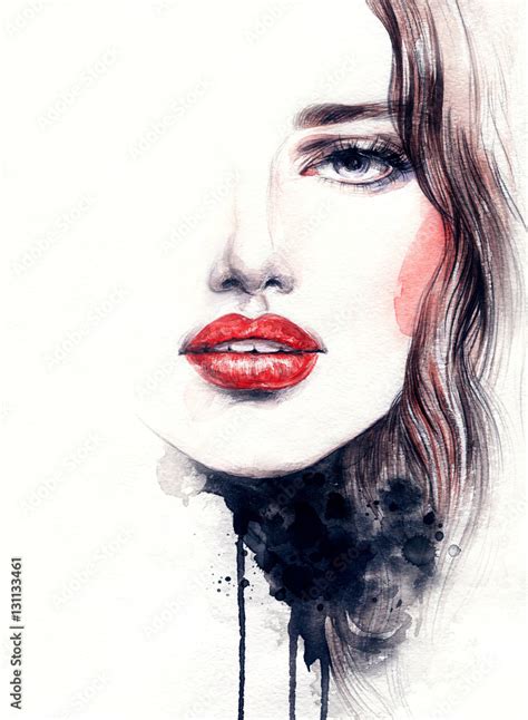 Abstract Woman Face Fashion Illustration Watercolor Painting Stock