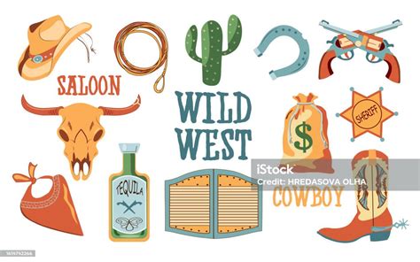 The Set Of Vector Illustrations Of The Wild West Cartoon Set With