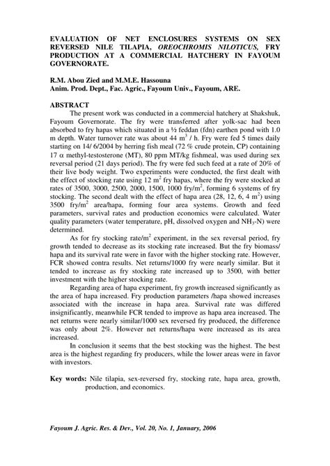 PDF EVALUATION OF NET ENCLOSURES SYSTEMS ON SEX REVERSED NILE TILAPIA OREOCHROMIS NILOTICUS