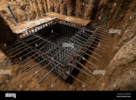 Reinforcement Rebar Cage Of Sump Pit In Sandy Ground In Basement