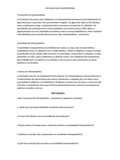 Qual É A Principal Atividade Econômica Da Mesopotâmia - Atividade Econômica da Mesopotâmia | PDF