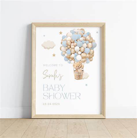 Editable Teddy Bear Baby Shower Welcome Sign Oh Baby Hot Air Balloon Welcome Sign Blue Baby