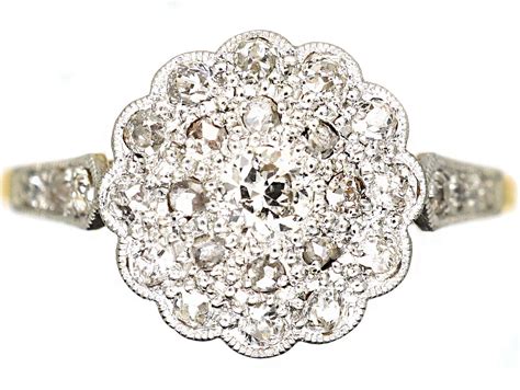 Edwardian 18ct Gold Platinum Diamond Cluster Ring With Diamond Set